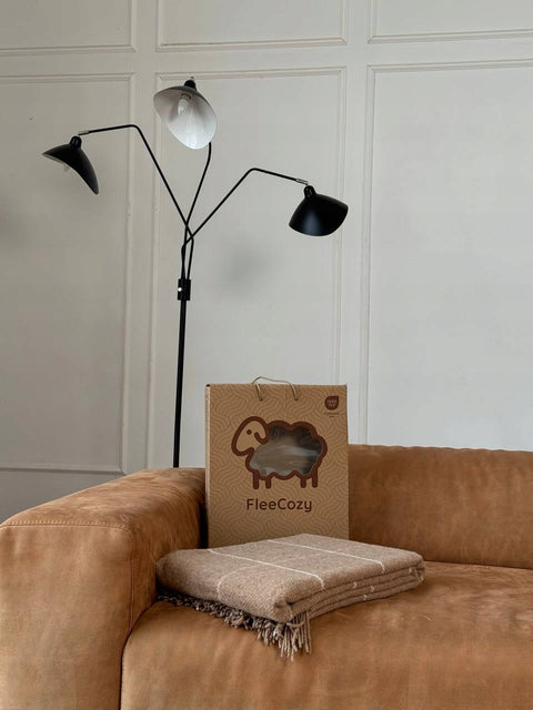 Elf White & Beige Koc w kratę klasyczna beżowo-białą 140×200 cm Premium z wełny nowozelandzkiej
