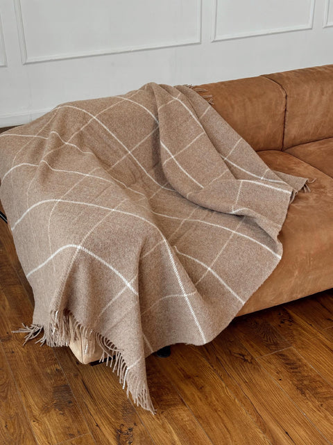 Elf White & Beige Koc w kratę klasyczna beżowo-białą 140×200 cm Premium z wełny nowozelandzkiej