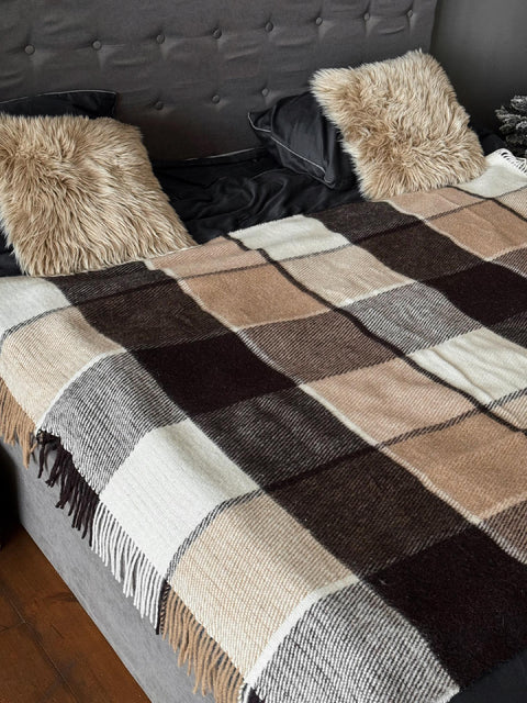 Elf Beige & Brown Koc z wełny nowozelandzkiej 140×200 cm krata w odcieniach beżu