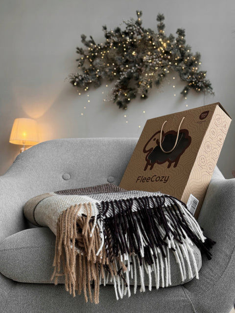 Elf Beige & Brown Koc z wełny nowozelandzkiej 140×200 cm krata w odcieniach beżu