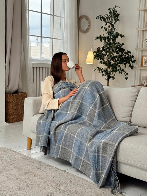 Palermo Soft Blue Wool Blend Blanket with Tassels, Blue-Grey Plaid 140×200 cm