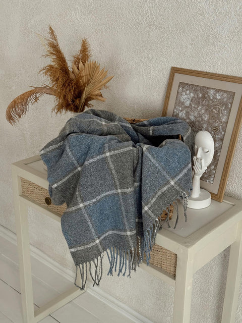 Palermo Soft Blue Wool Blend Blanket with Tassels, Blue-Grey Plaid 140×200 cm