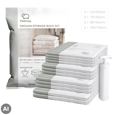Set of 12 FleeCozy Vacuum Storage Bags, Assorted Sizes + Pump
