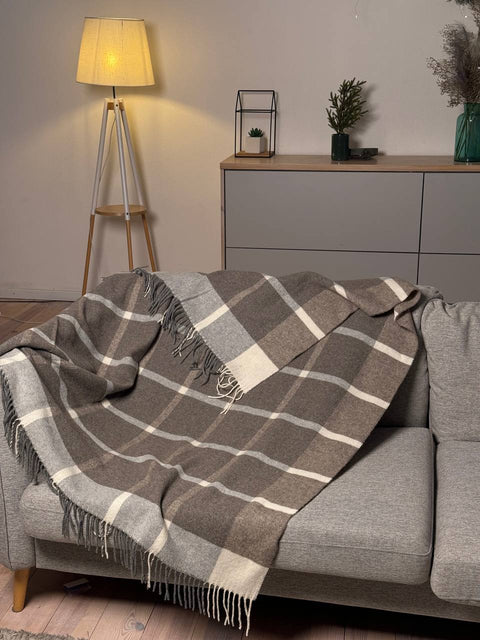 Merino Grey Koc w kratę z wełny merynosów 140×200 cm, przytulny, dekoracyjny