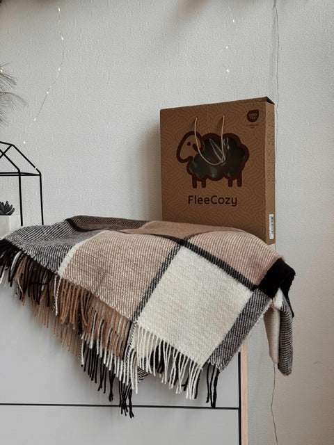Elf Beige & Brown Koc z wełny nowozelandzkiej 140×200 cm krata w odcieniach beżu