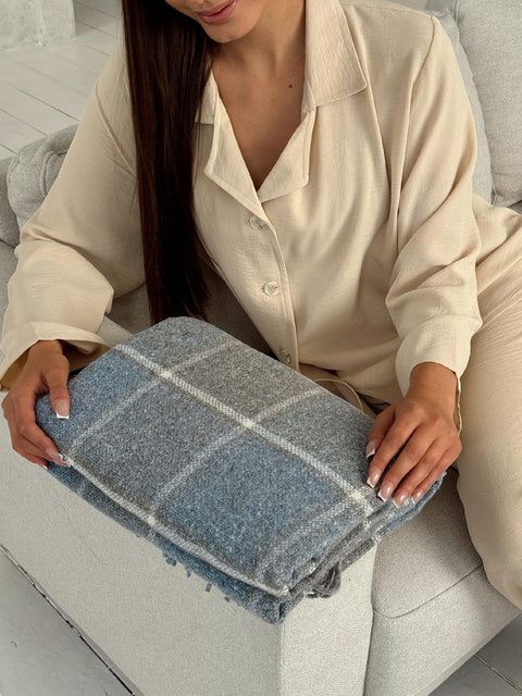 Palermo Soft Blue Wool Blend Blanket with Tassels, Blue-Grey Plaid 140×200 cm