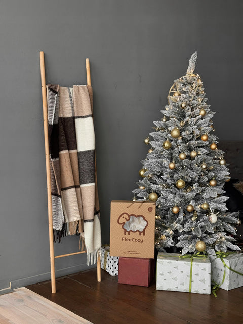 Elf Beige & Brown Koc z wełny nowozelandzkiej 140×200 cm krata w odcieniach beżu