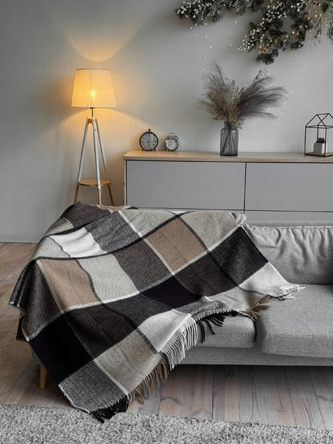 Elf Beige & Brown Koc z wełny nowozelandzkiej 140×200 cm krata w odcieniach beżu