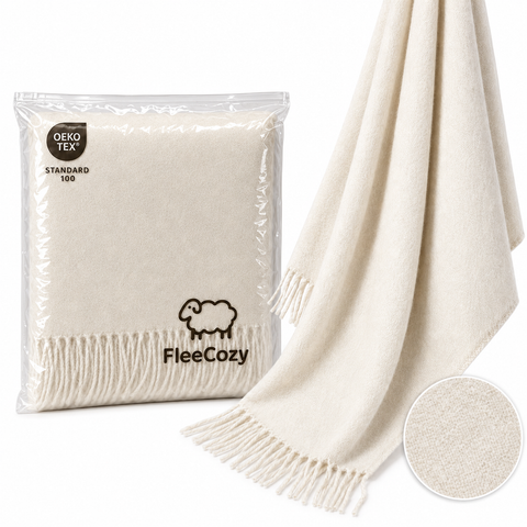 Merino Solid Koc z wełny meryno w mlecznym odcieniu 150×200 cm z Frędzlami