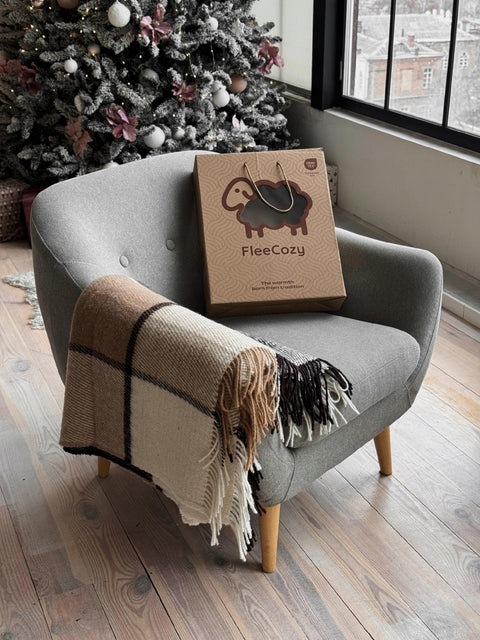 Elf Beige & Brown Koc z wełny nowozelandzkiej 140×200 cm krata w odcieniach beżu