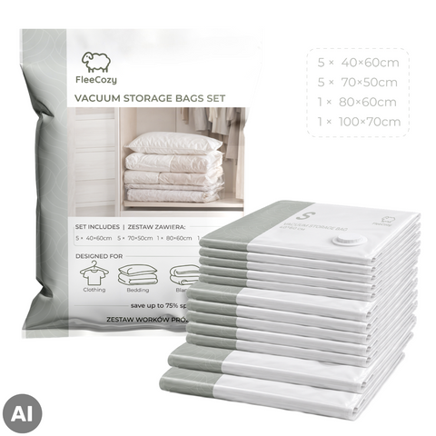 Set of 12 FleeCozy Vacuum Storage Bags, Assorted Sizes, Without Pump