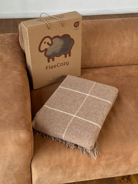 Elf White & Beige Koc w kratę klasyczna beżowo-białą 140×200 cm Premium z wełny nowozelandzkiej