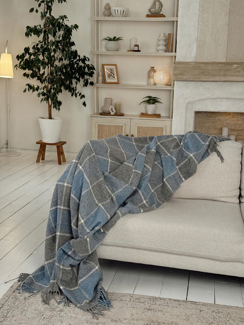 Palermo Soft Blue Wool Blend Blanket with Tassels, Blue-Grey Plaid 140×200 cm