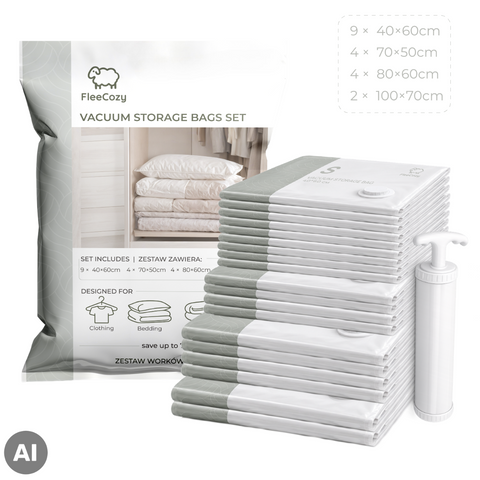 Set of 19 FleeCozy Vacuum Storage Bags, Assorted Sizes + Pump
