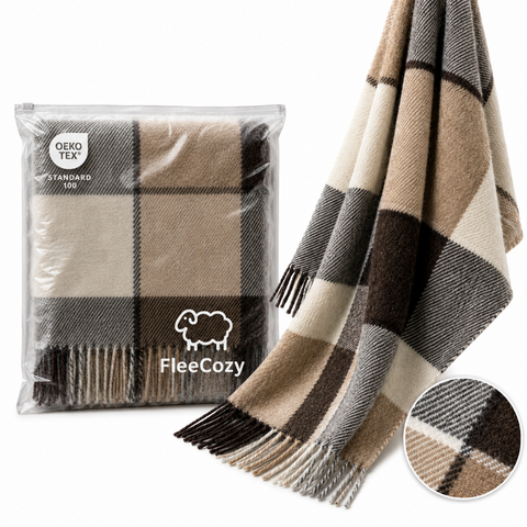 Elf Beige & Brown Koc z wełny nowozelandzkiej 140×200 cm krata w odcieniach beżu