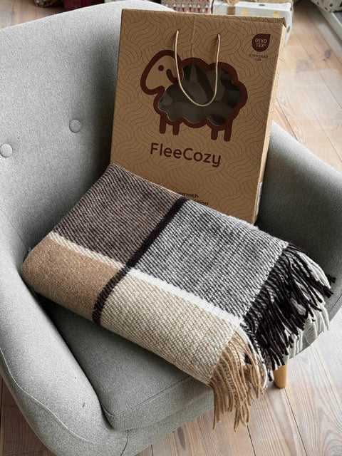 Elf Beige & Brown Koc z wełny nowozelandzkiej 140×200 cm krata w odcieniach beżu