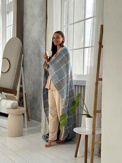 Palermo Soft Blue Wool Blend Blanket with Tassels, Blue-Grey Plaid 140×200 cm