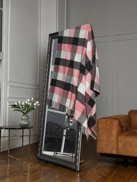 Palermo Classic Koc wełniany z akrylem w różowo-szaro-białą klasyczna krata 140x200 cm