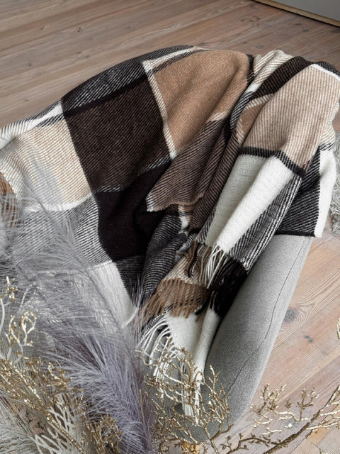 Elf Beige & Brown Koc z wełny nowozelandzkiej 140×200 cm krata w odcieniach beżu
